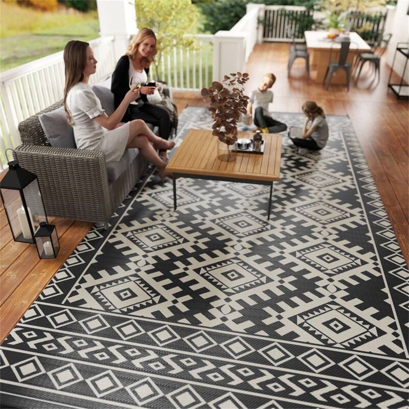 Reversible Outdoor Rug Rhombus Border UV Protected Foldable Camping RV Patio Picnic Mat