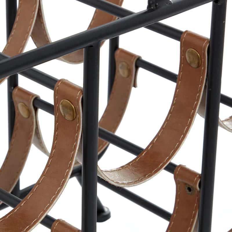 Metal 6 Bottle Wine Rack with Faux Leather Strap Holders - Black - Roche River Decor - 10"W x 15"L x 16"H