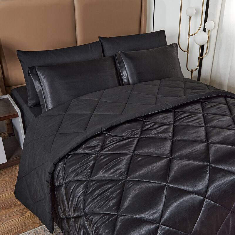 8 Pic Silky Satin Comforter Set Soft Luxury Quilted Twin Black Bed