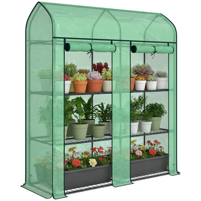 Outsunny 3 Tier Mini Greenhouse, 56.3" x 18.1" x 65" Small Portable Greenhouse with 2 Roll-up Doors