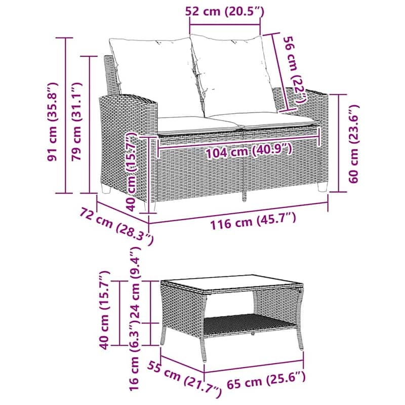 vidaXL Garden Sofa Black, Cream White PE Rattan Medium Removable Covers - 45.7 x 28.3 x 31.1 in