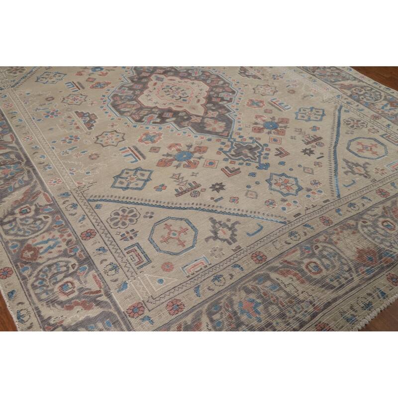 Geometric Tabriz Persian Rug Handmade Beige Wool Carpet - 8'2"x 10'9"
