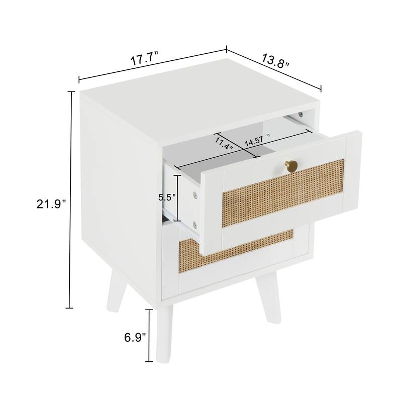 Anmytek Mid-Century Modern 2-Drawer Wood White Nightstand Sofa End Table with Storage for Bedroom
