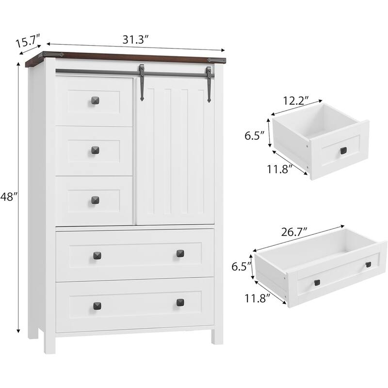 5 Drawer Dresser, Farmhouse Chest of Drawer with Sliding Barn Door