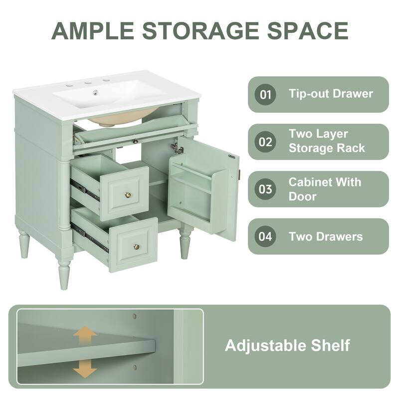 30" Freestanding Bathroom Vanity with Ceramic Sink, Solid Rubberwood Frame, Flip Drawer & Adjustable Shelf