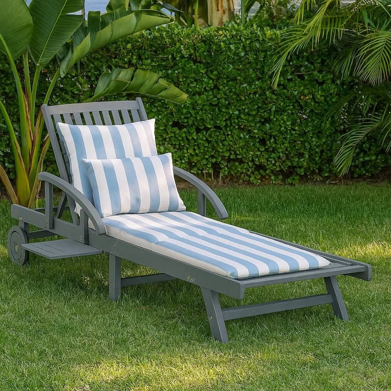 Outdoor Sun Chaise Lounger, Slatted Gray Acacia Wood Frame w Wheels