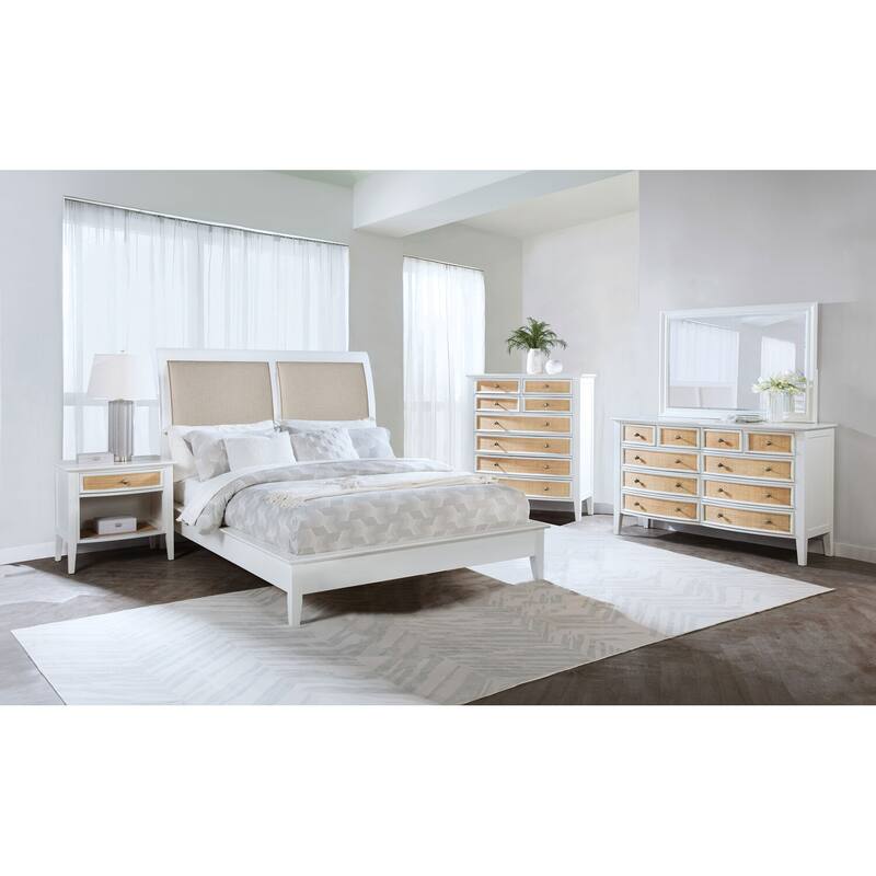 White 1-Drawer Nightstand with Natural Rattan Accents, Felt Lining and Open Shelf for Coastal Modern Style