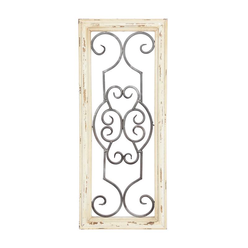 White Wood Small Panel Scroll Home Wall Decor with Black Metal Scrollwork