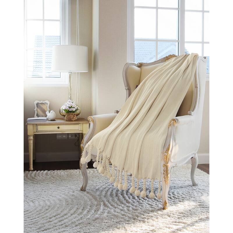 Sevita Cream Embroidered Chevron with Braided Fringe Standard Size Throw Blanket