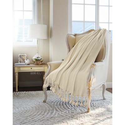 Sevita Cream Embroidered Chevron with Braided Fringe Standard Size Throw Blanket