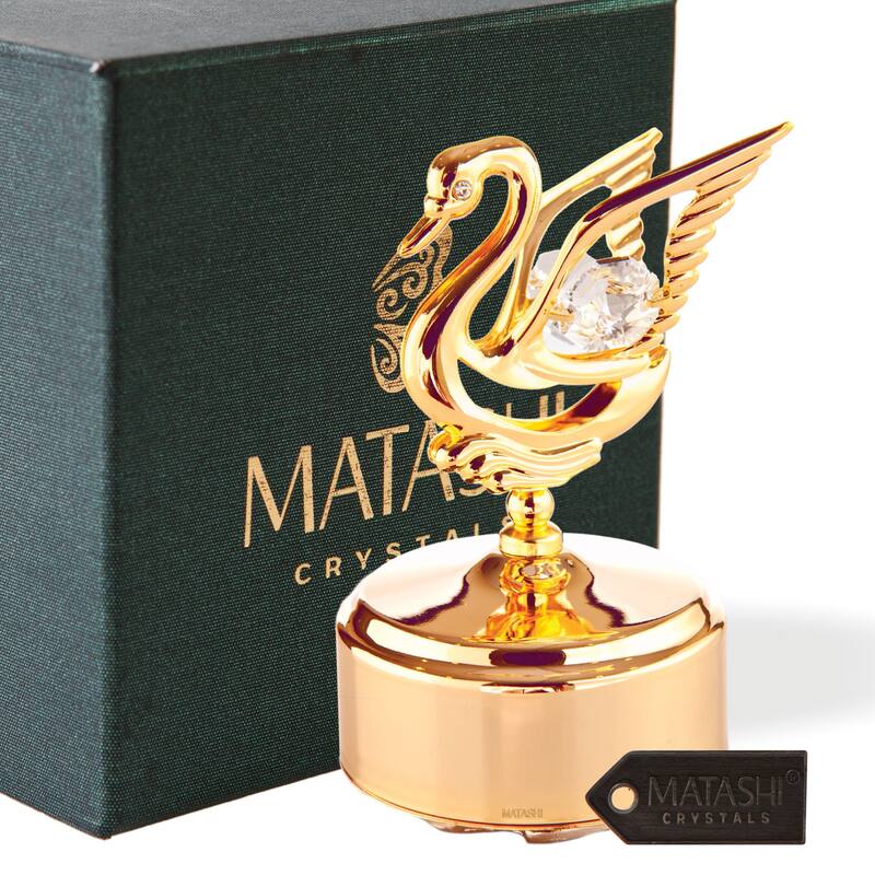 Matashi 24K Gold Plated Music Box with Crystal Studded Swan Figurine, Swan Lake