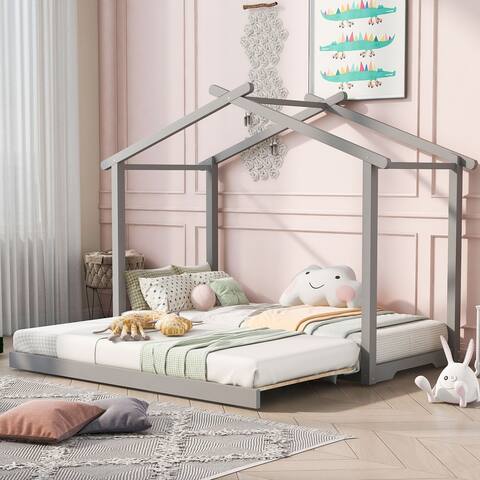 Twin XL/King Size House Platform Bed with Trundle, Roof Design for Kids Teens, Wooden House Bed Frame with Customizable Themes