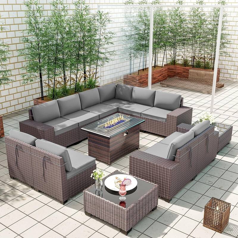 Delnavik 13 Pieces Outdoor Patio Furniture Set with Fire Pit Table w/ Wide Armrests