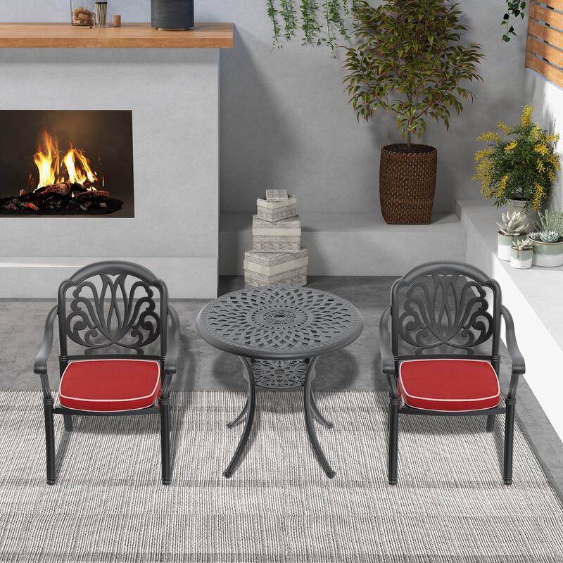 3/5-Piece Cast Aluminum Outdoor Dining Set with 30.71 in. Round Table and Random Color Cushions