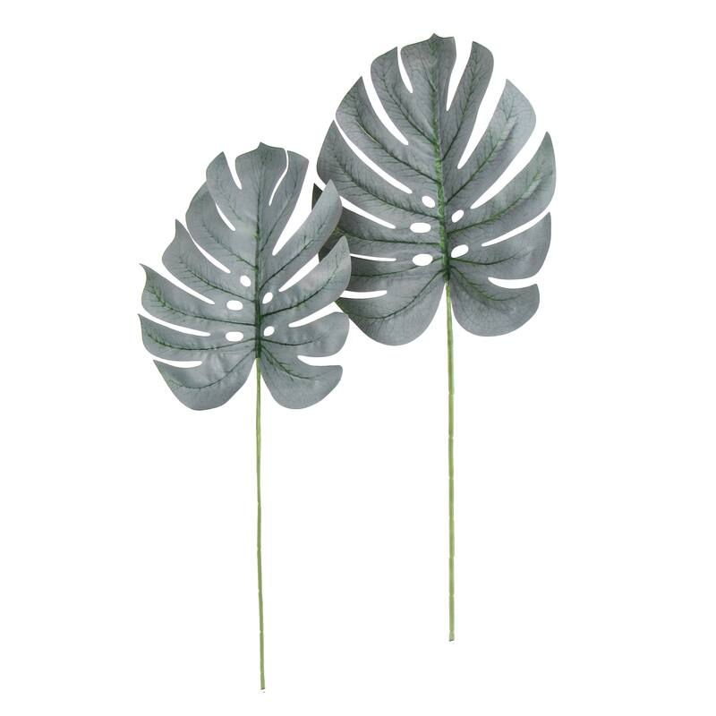 Set of 12 Frosted Green Artificial Philodendron Monstera Split Leaf Stem Plant Greenery Foliage Spray Branch 24in