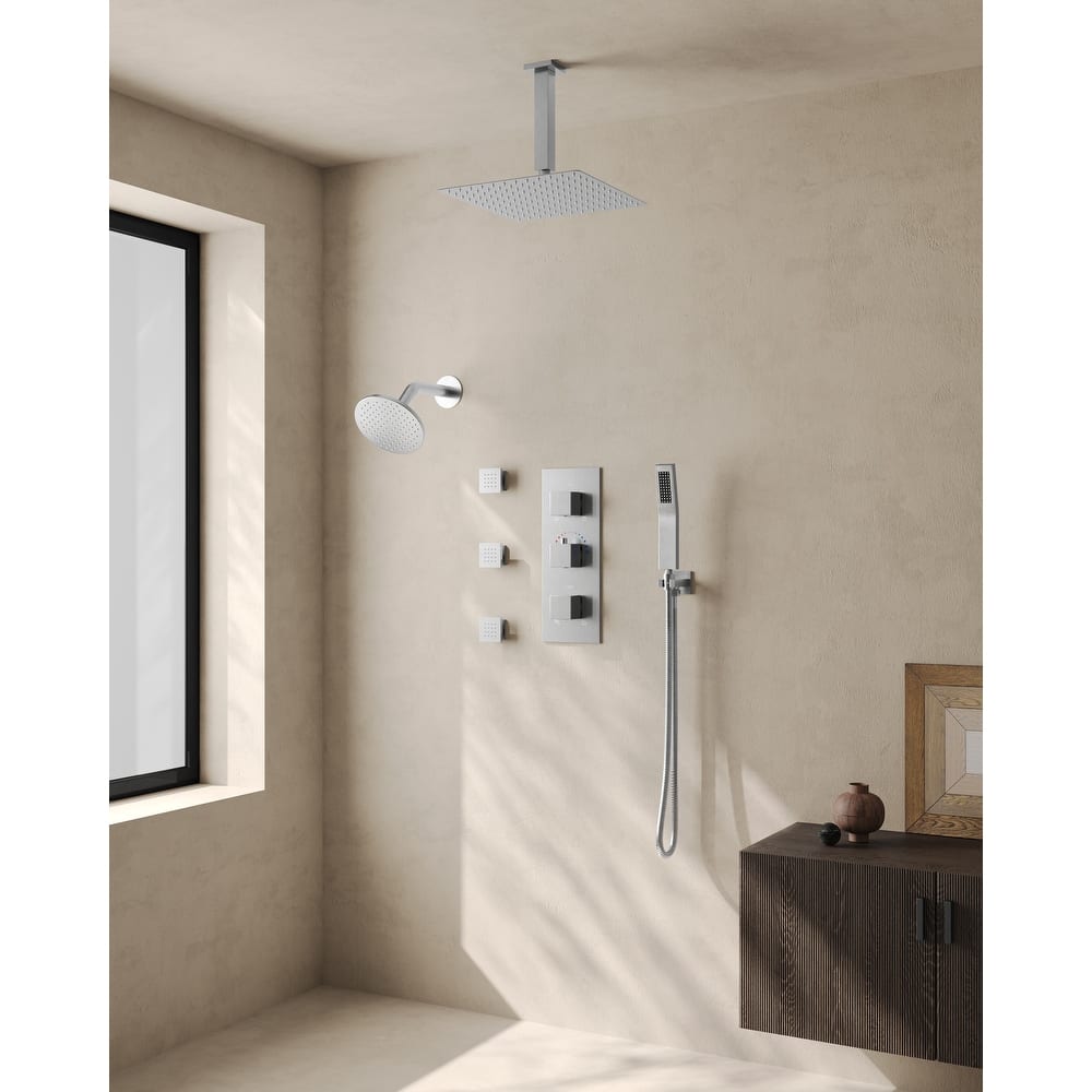 Thermostatic Dual Heads 12" Multi-Function Shower System with 3 Body Sprays