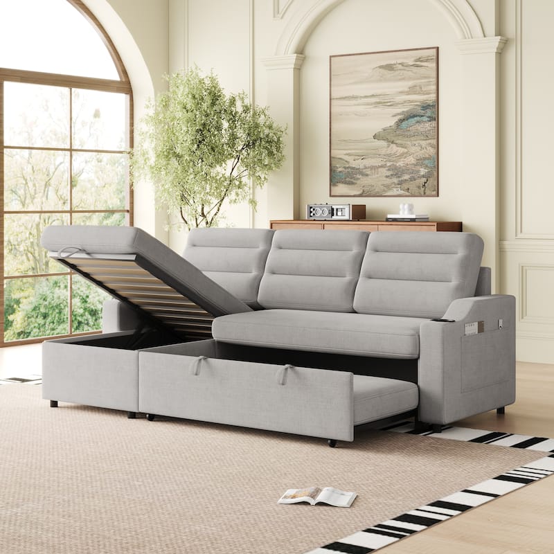 Multi-Position Sofa Bed with Pull-Out Sleeper, Chaise, and Storage for Living Room