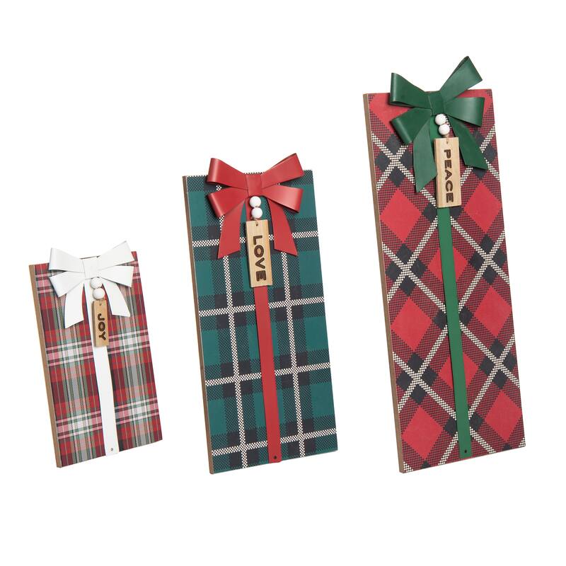 Transpac Wood 19.5 in. Multicolored Christmas Easel-Back Plaid Presents Set of 3