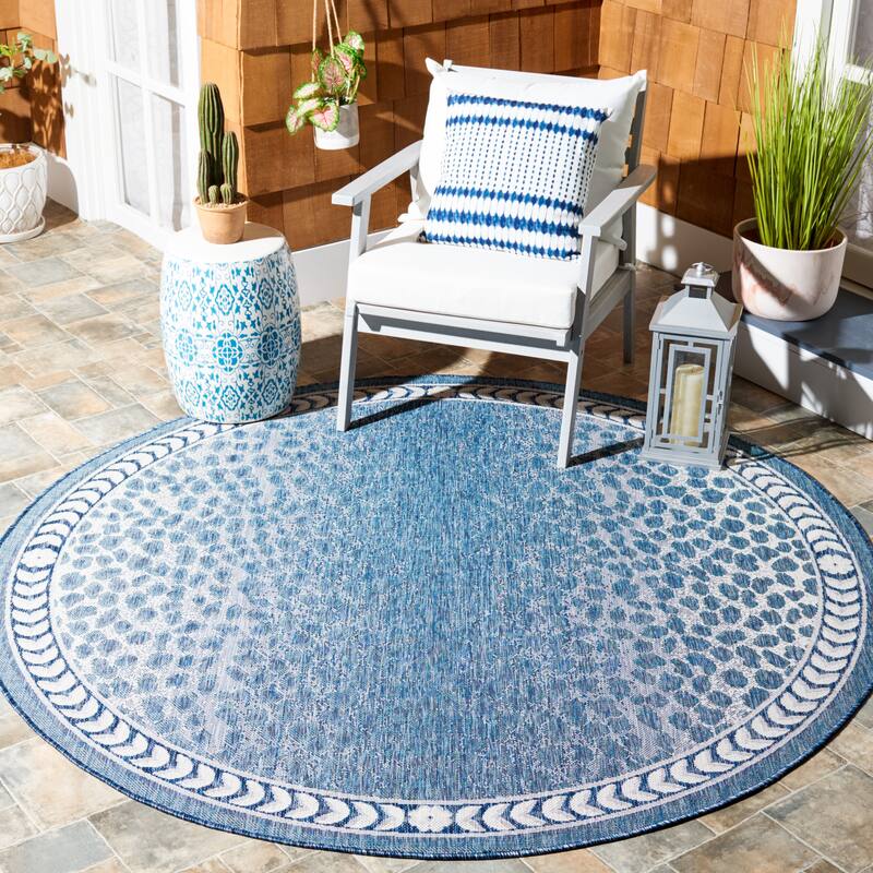 SAFAVIEH Courtyard Muire Indoor/ Outdoor Waterproof Patio Backyard Rug - 6'7" Round - Blue/Ivory