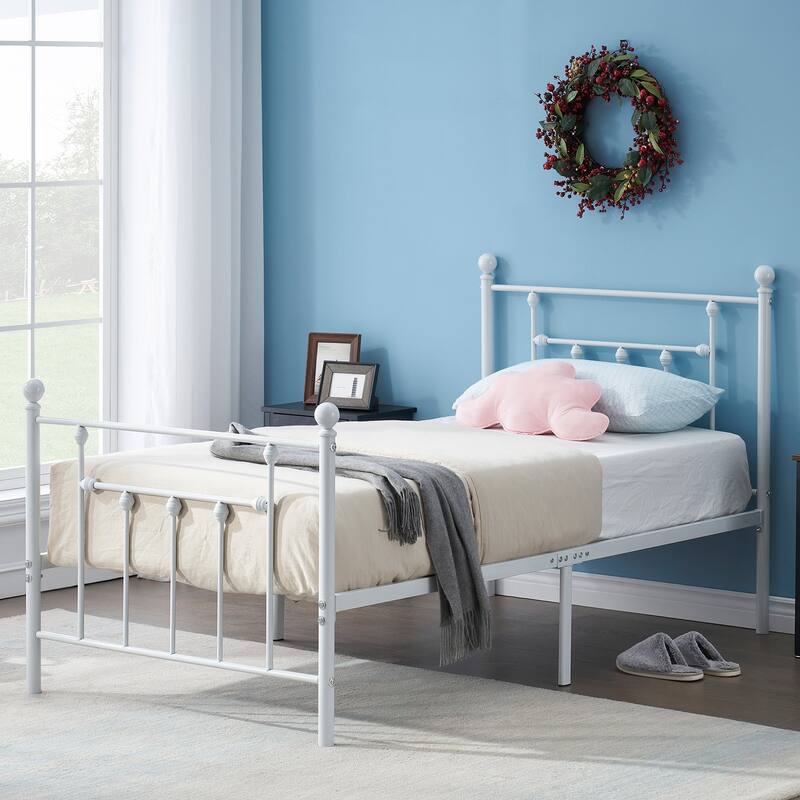 VECELO White Full Size Metal Bed Frame with Victorian Headboard Heavy Duty Bed Frame with Center Support 12.6in Underbed Storage