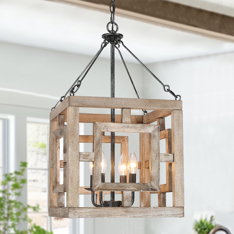 Farmhouse 4-Light Lantern Chandelier Rustic Square Wood Pendant Light - W13.5"xD13.5"xH13.5"