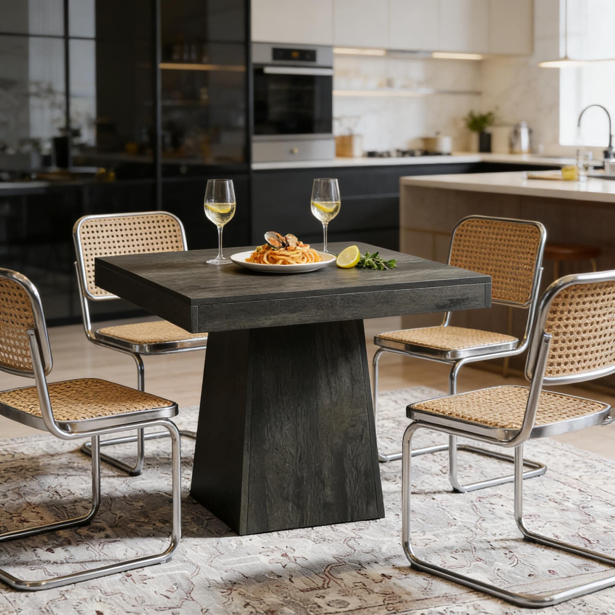 Square Dining Table for 4, Wood Kitchen Table with Thick Tabletop & Pedestal Base, Coffee Table Home Office Table