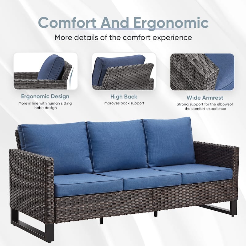 Outdoor Sofa with Swivel Chairs and Fire Pit Table - Blue cushion - Brown