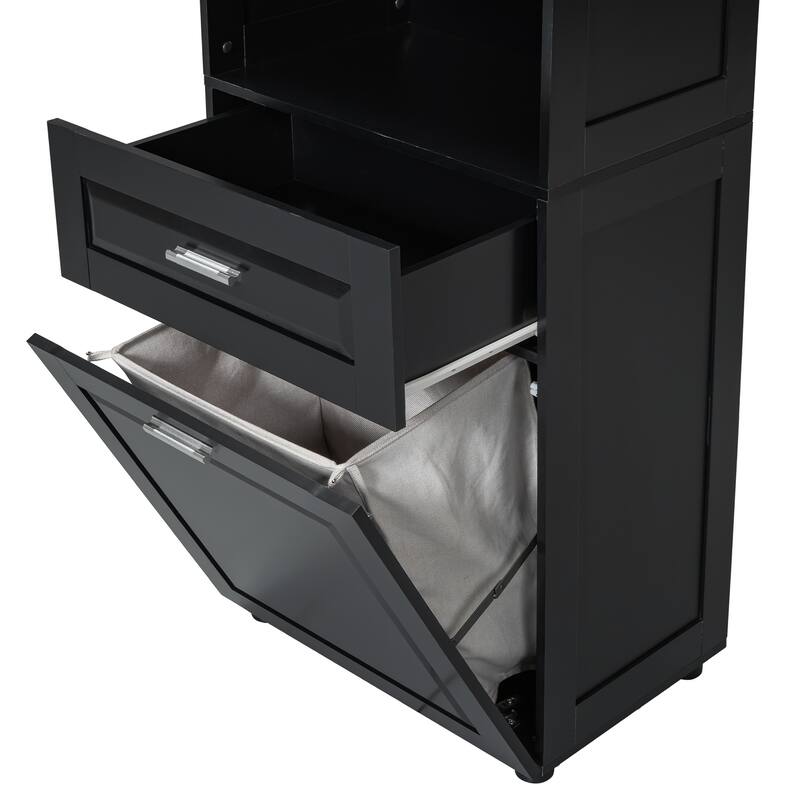 Freestanding Tall Bathroom Double Door Storage Cabinet with Removable Laundry Basket, Open Shelf, Drawer and Adjustable Shelf