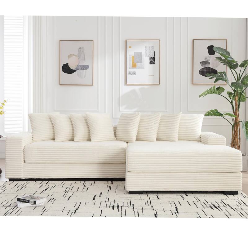 L Shaped Sectional Sleeper Sofa Corduroy Corner Sofa with Chaise Lounge and 8 Throw Pillows, Oversized Modular Daybed