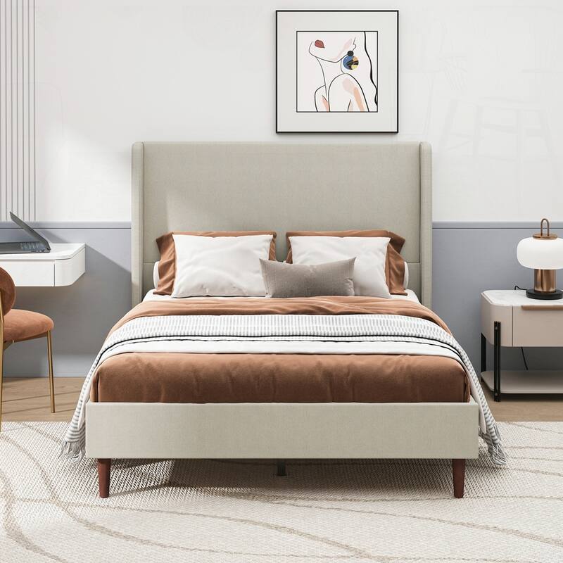 High Headboard Upholstered Bed with 12-Slat Support - Beige/Linen Cloth - Queen