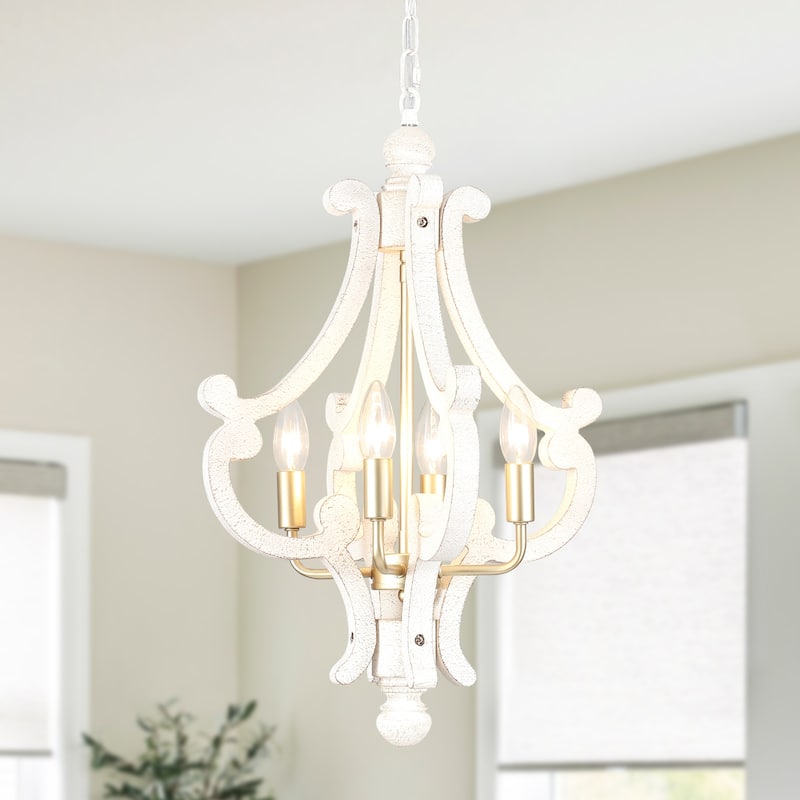 4-Light 14.56-inch Wooden Lantern Rustic Chandeliers for Entryway Hallway - Gold