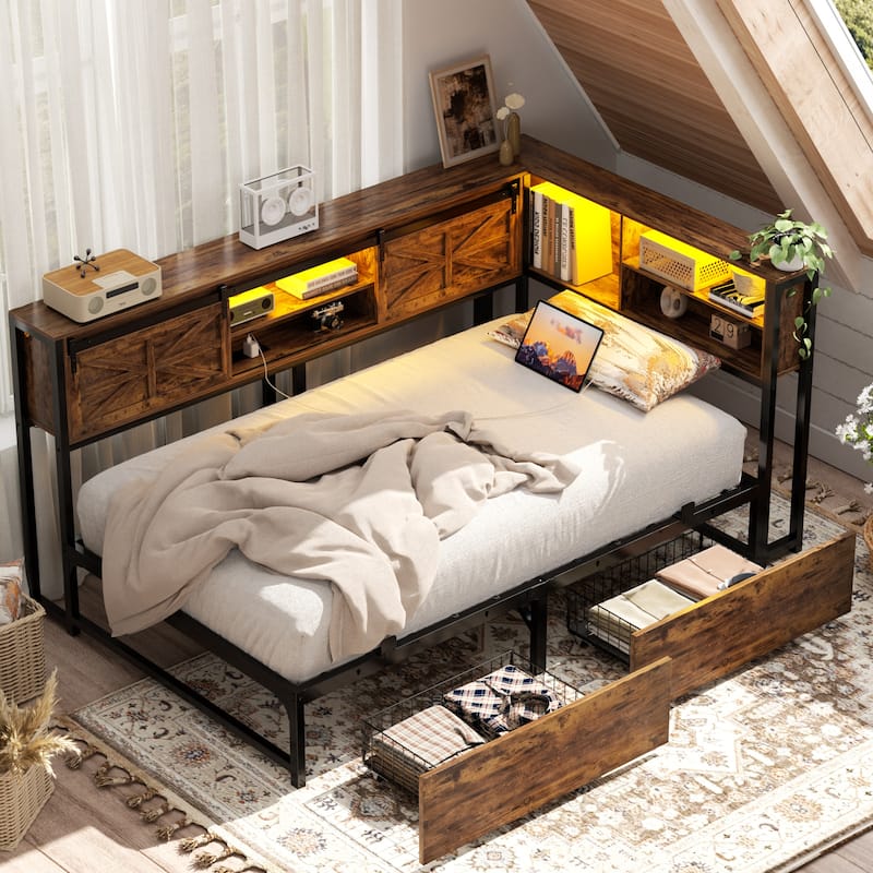 Corner Daybed with Drawers and Bookcase, Twin Bed Frame with LED Light and Charging Station - Rustic Brown