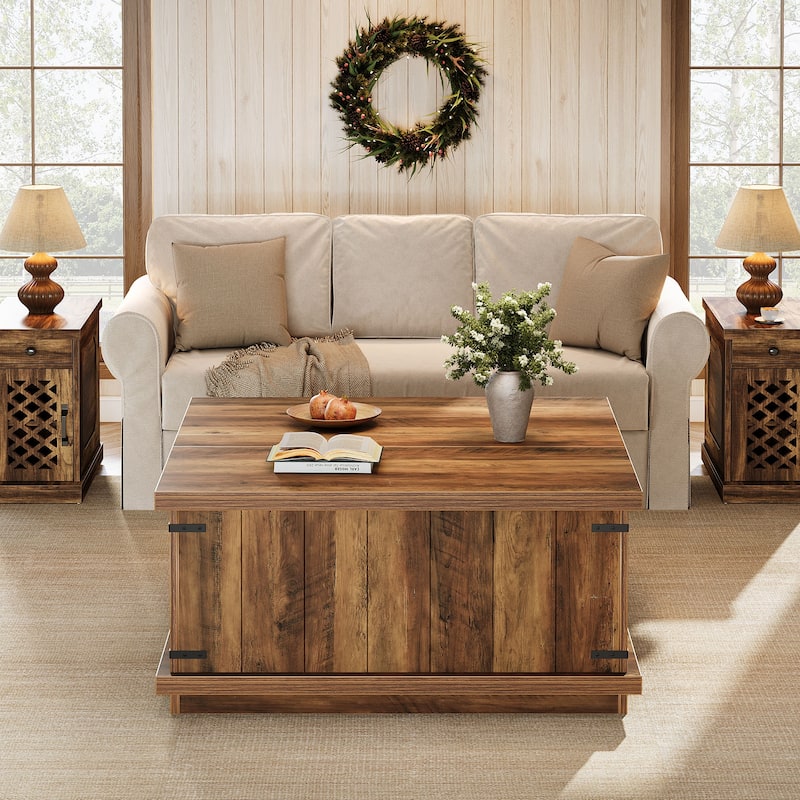 Farmhouse 33.46" Lift Top Square Coffee Table with Hidden Storage - 33.46"D x 33.46"W x 19.7"H