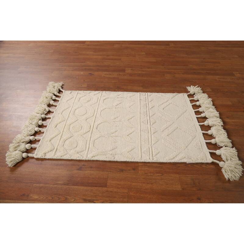 Geometric Moroccan Oriental Foyer Rug Hand-Knotted Ivory Wool Carpet - 2'0"x 3'0"