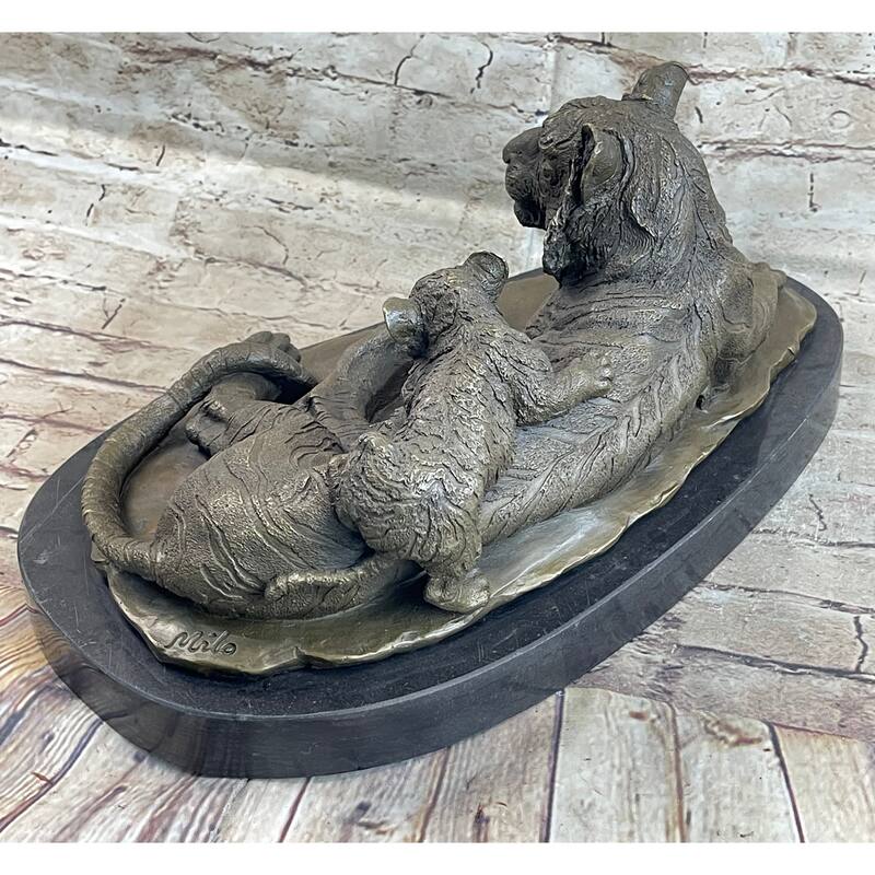 Tiger Family Mother Cub Bronze Statue Sculpture Figure Marble Base Original Art 8 Inches X 16 Inches