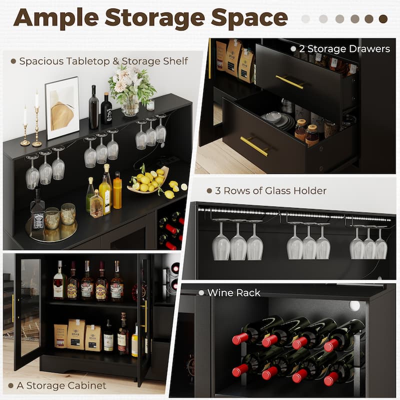 EROMMY Farmhouse Coffee Bar Cabinet with LED Lights, Sliding Barn Door, Wine Racks and Glass Holder, Home Liquor Cabinet