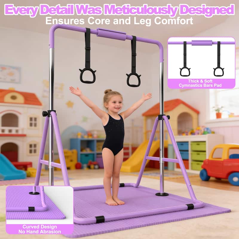Gymnastics Bar for Kids, Gymnastics Horizontal Bar with Adjustable Height Foldable Training Bar with Mat for Home Practice