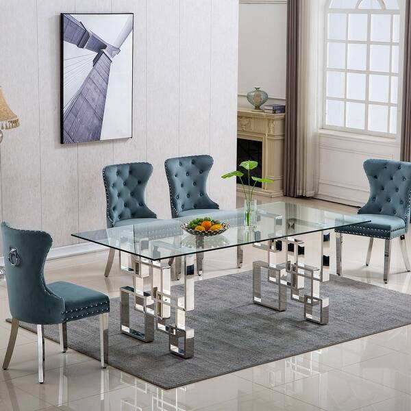 slide 2 of 7, Dining Table Modern Tempered Glass Table with Steel Heavy Base Kitchen