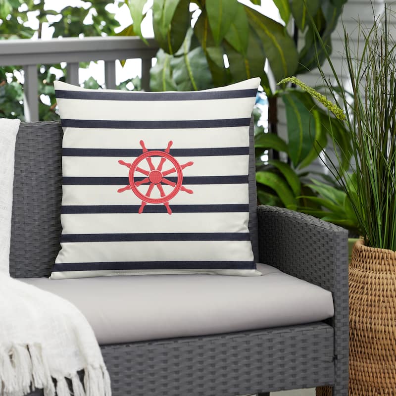Sunbrella Indoor/Outdoor Single Embroidered Pillow - "Ship Wheel"