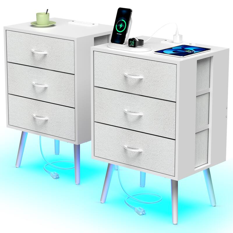 2 Pack Modern Nightstand with Charging Station, Bedside Tables with LED Light and Fabric Drawers