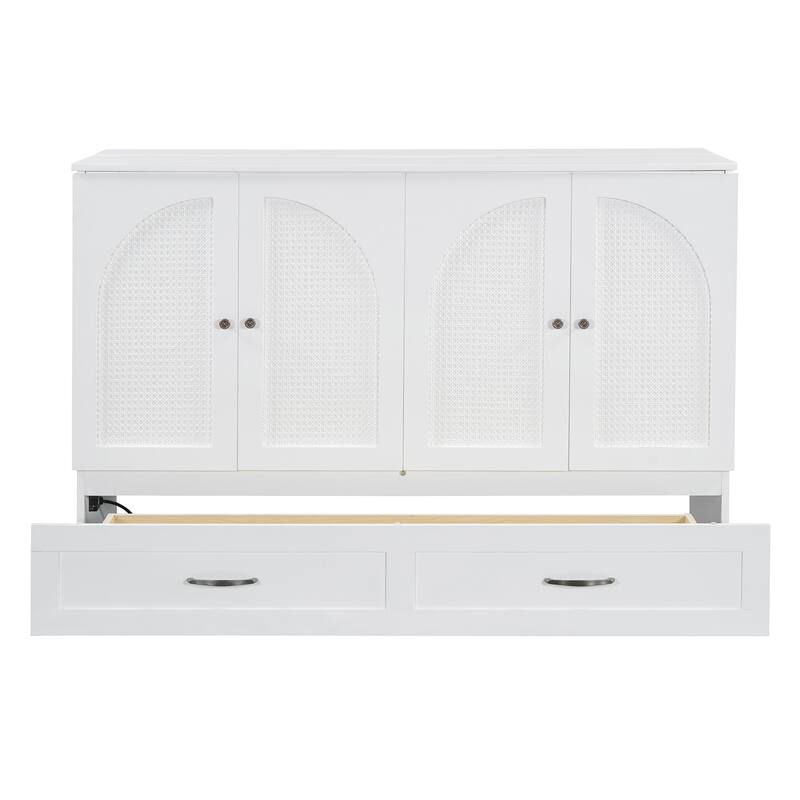 Modern Queen Murphy Bed with Storage Drawers & USB Port, Stylish Rattan Finish for Apartments or Multifunctional Rooms