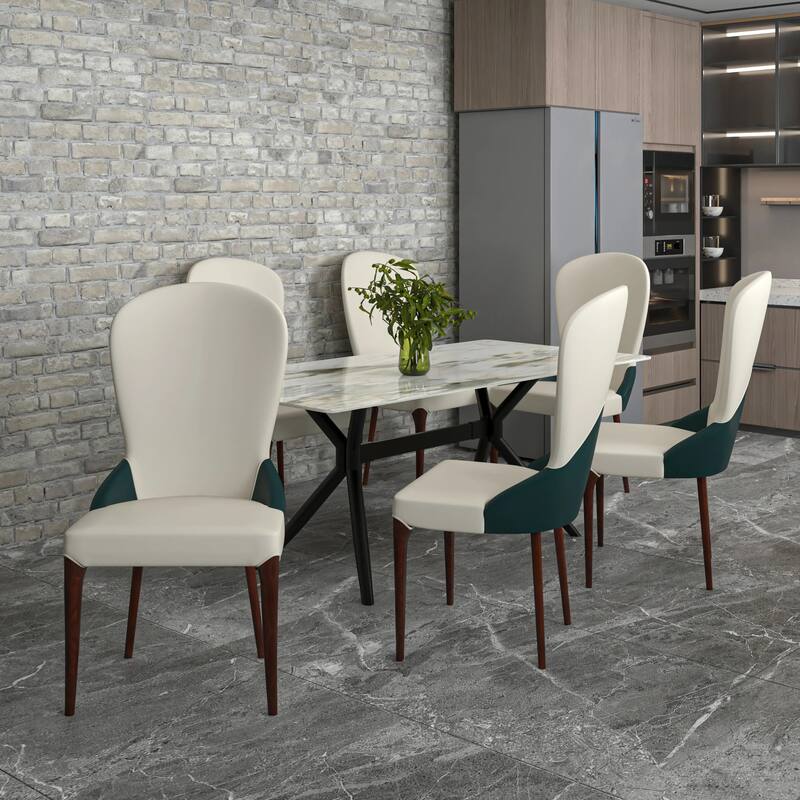 Havana Leather Upholstered Solid Wood Dining Chair Two-Tone Color Design Set of 4