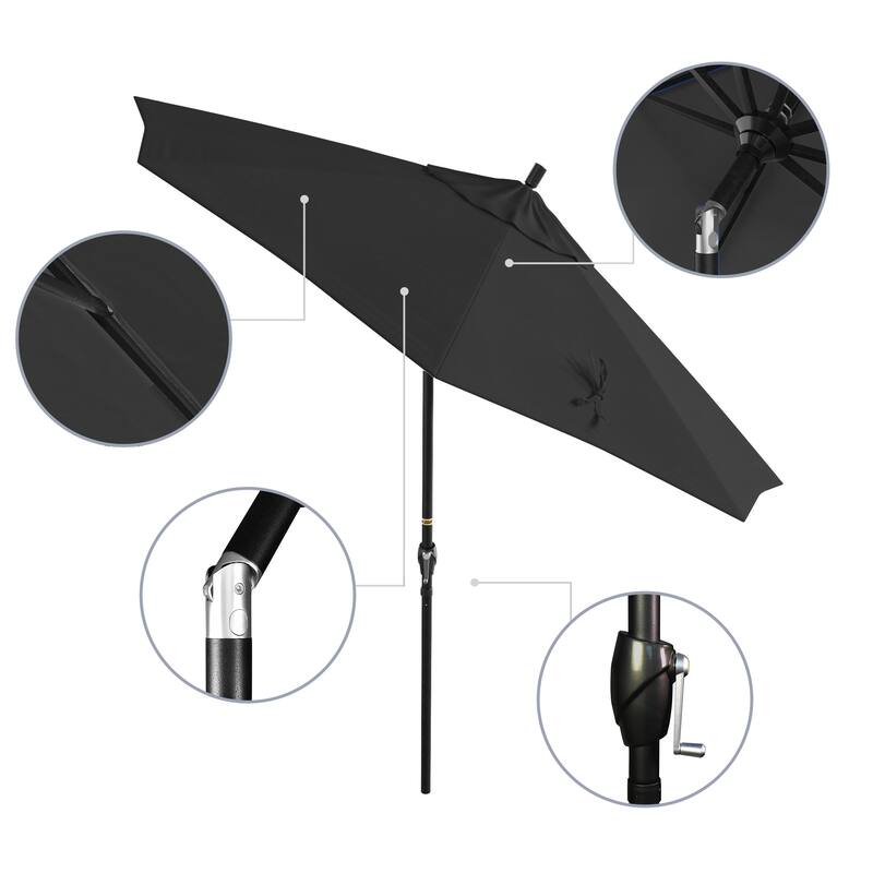 California Umbrella 9' Rd. Aluminum Patio Umbrella, Crank Lift with Push Button Tilt, Black Finish, Pacifica Fabric