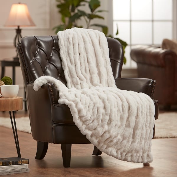Chanasya Ruched Faux Fur Throw Blanket With Reversible Mink Bed Bath