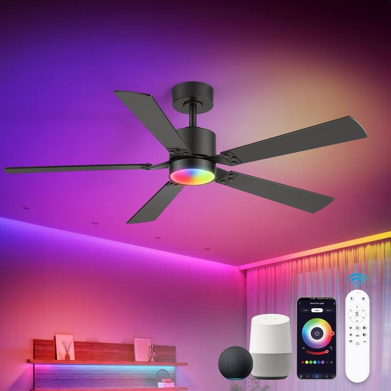 52-Inch Matte Black Ceiling Fan with RGB LED Light and Voice Control((5 Reversible Blades) - Black-Downrod Mount