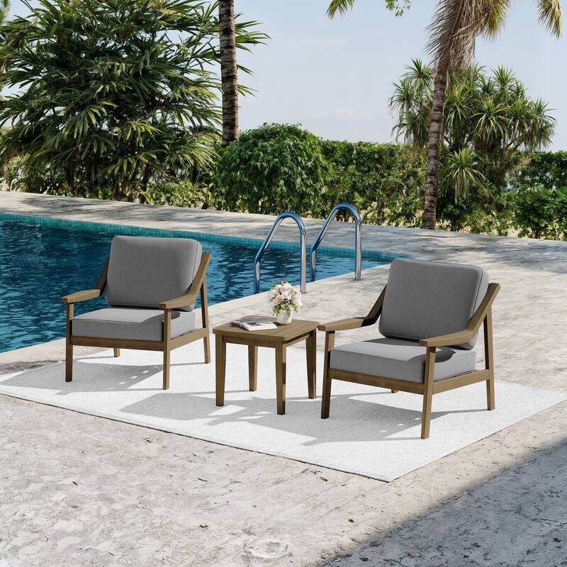 3-piece Teak Modern Cushioned Club Chairs Set Patio Bistro Set
