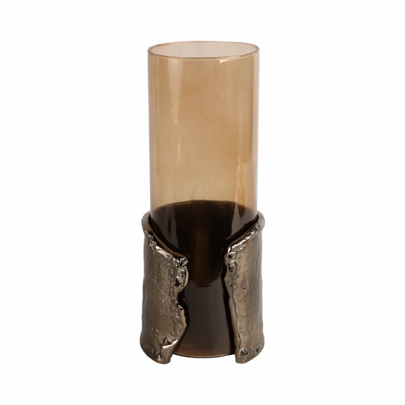 Candle Holder - Brown Glass with Metal Wraparound