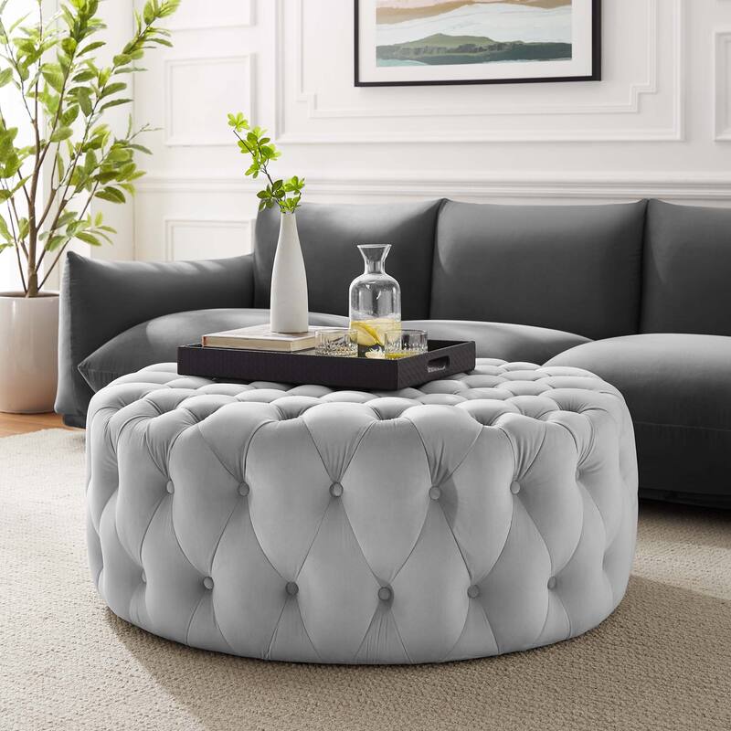 Amour Tufted Button Large Round Performance Velvet Ottoman - Light Grey