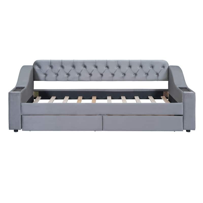 Twin Size Velvet Upholstered Daybed with Storage Armrests and USB Port