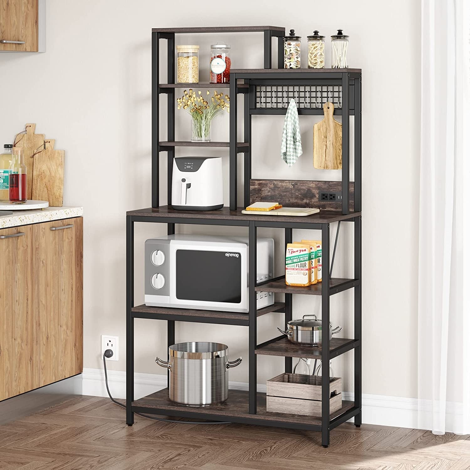 https://ak1.ostkcdn.com/images/products/is/images/direct/3eea7e7262f962023f865688b8af068bbb6fa988/Bakers-Rack-with-Power-Outlet%2C-9-Tier-Kitchen-Utility-Storage-Shelf-with-8-S-Hooks%2C-Rustic-Brown.jpg